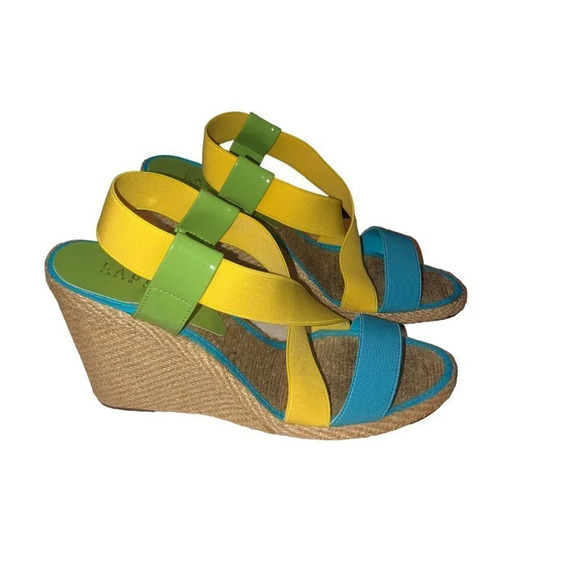 Lauren Ralph Lauren Sz 9 Womens Lemon Turq. Green Strappy Elastic Wedge Sandals - Picture 4 of 8